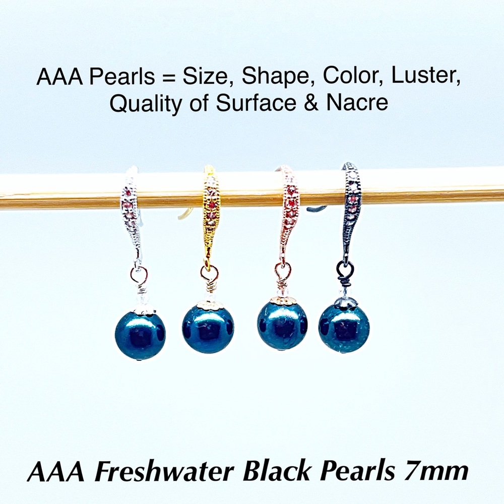 AAA Black Pearl Dangle Earrings on Sterling Silver CZ Hooks in 4 Finishes, NWT